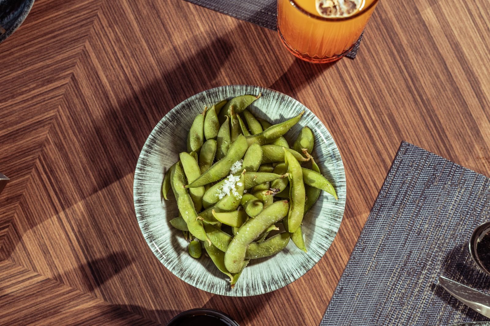Bowl of salted edamame beans