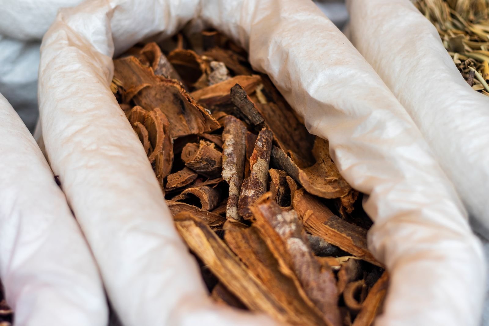 Dried bark and roots sold for herbal tea at a market