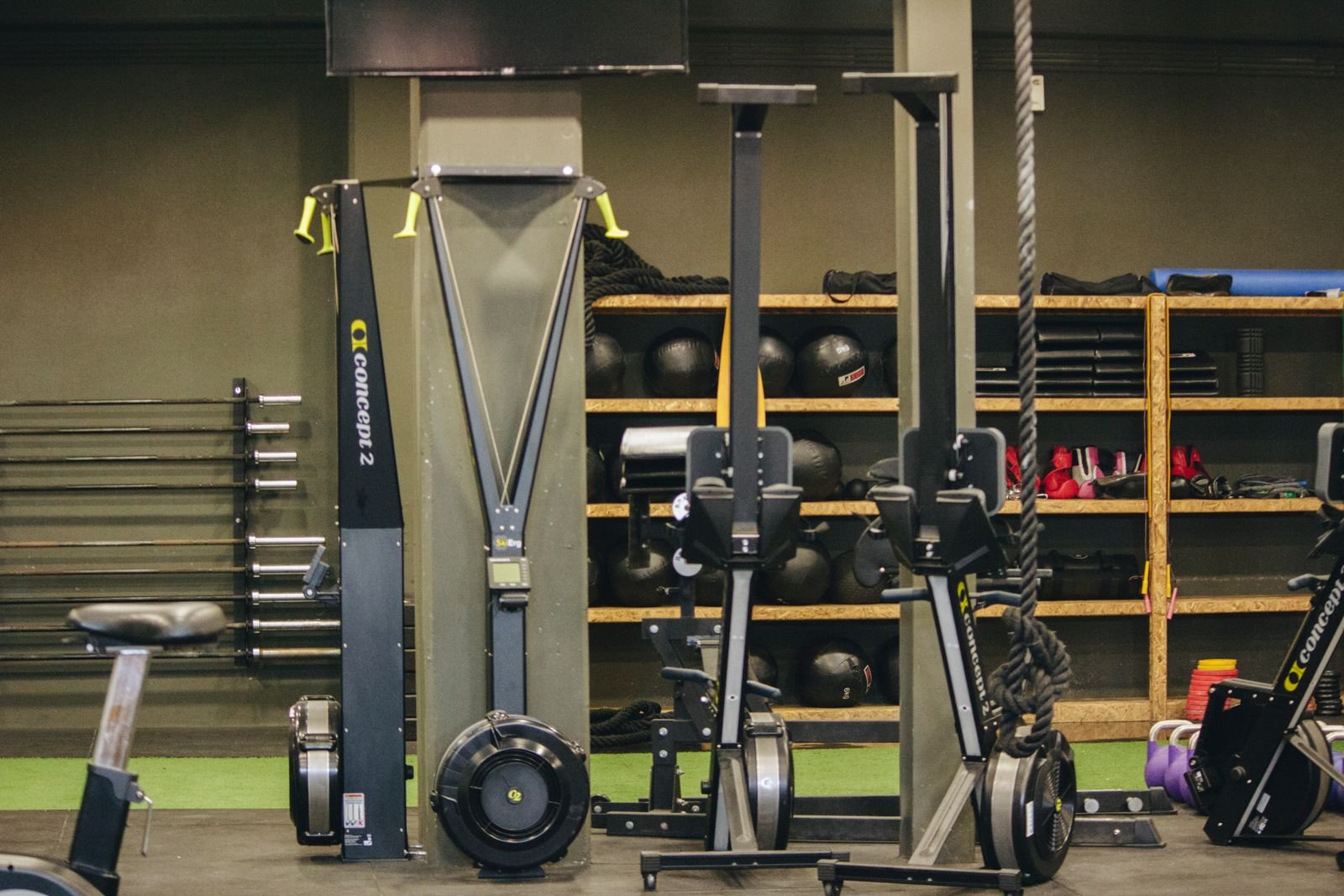 Gym with weight machines, racks and free weights