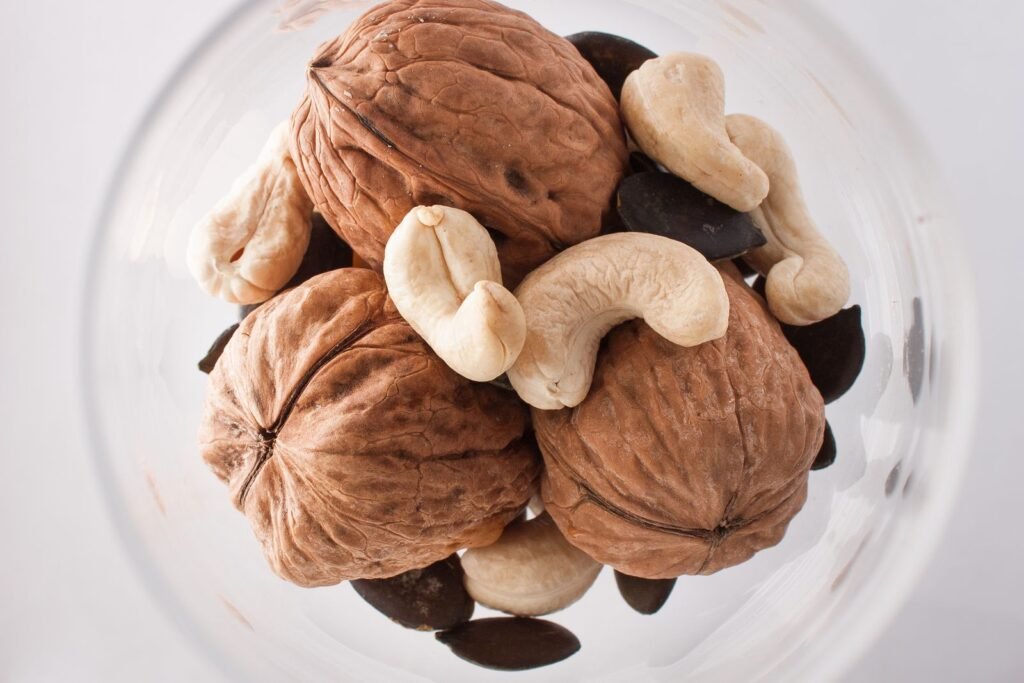 Assorted nuts including walnuts and almonds