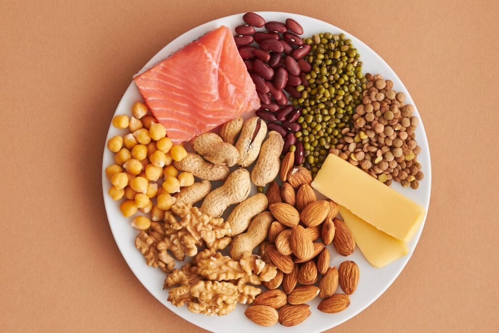 Assortment of legumes and pulses on a white surface