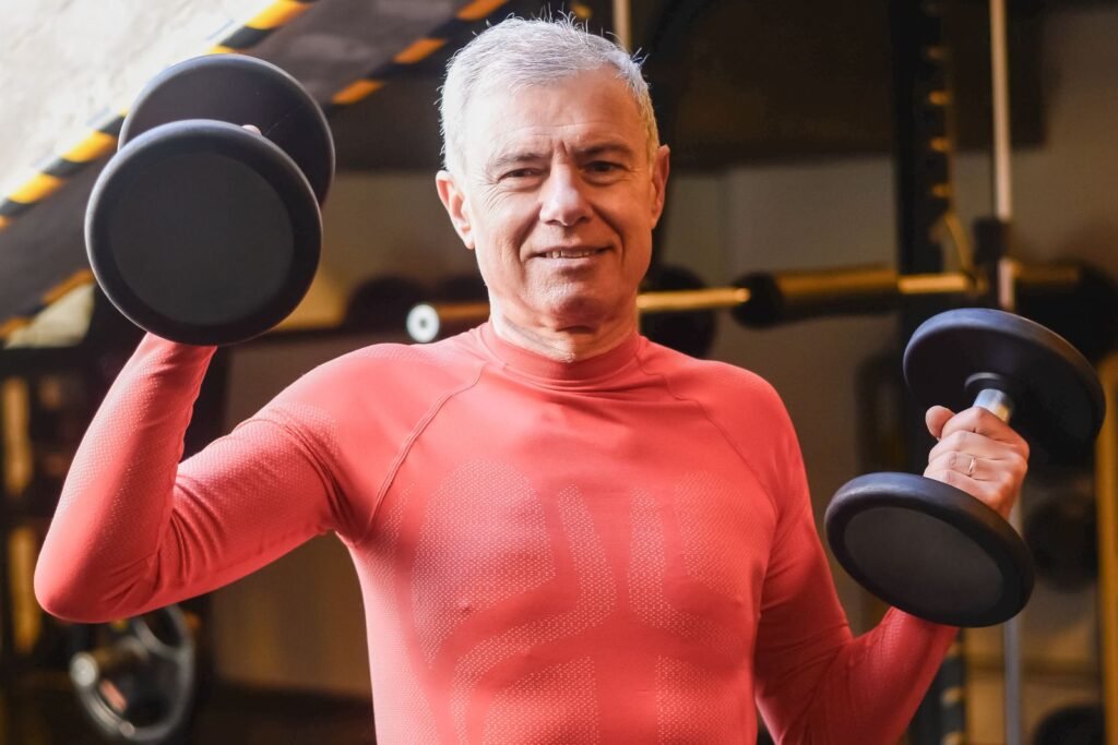 Smiling older man lifting two dumbbells in a gym, illustrating muscle mass and longevity