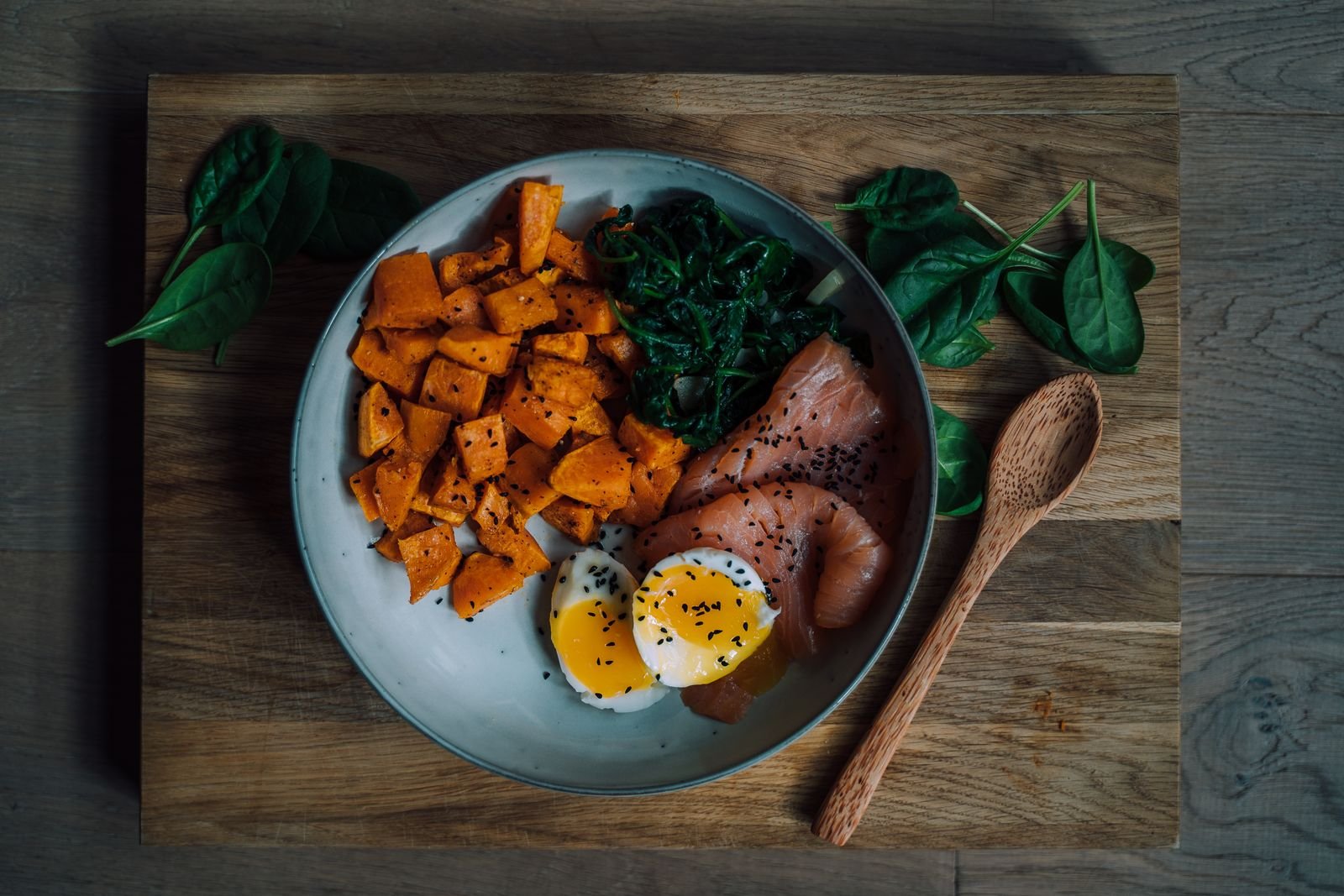Plate of salmon, sweet potato and eggs with leafy greens
