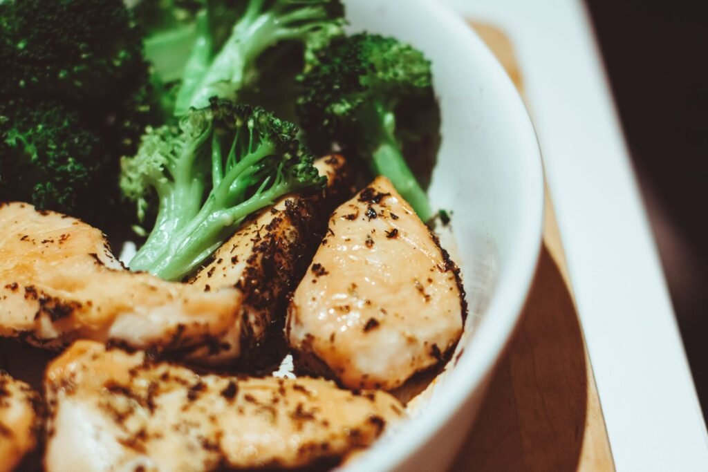 Plate of chicken and broccoli, a high-protein meal