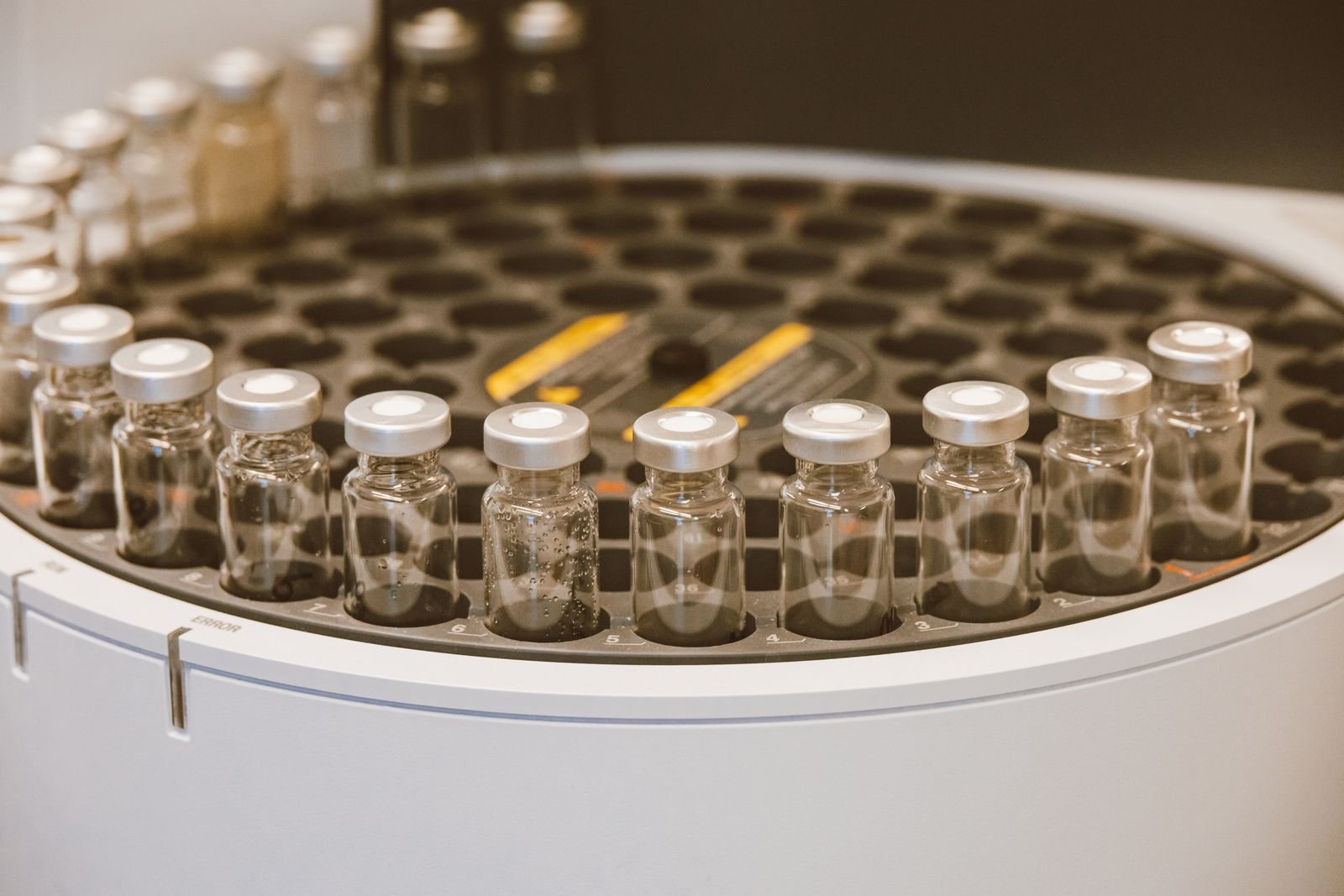 Rows of sample vials in a testing laboratory