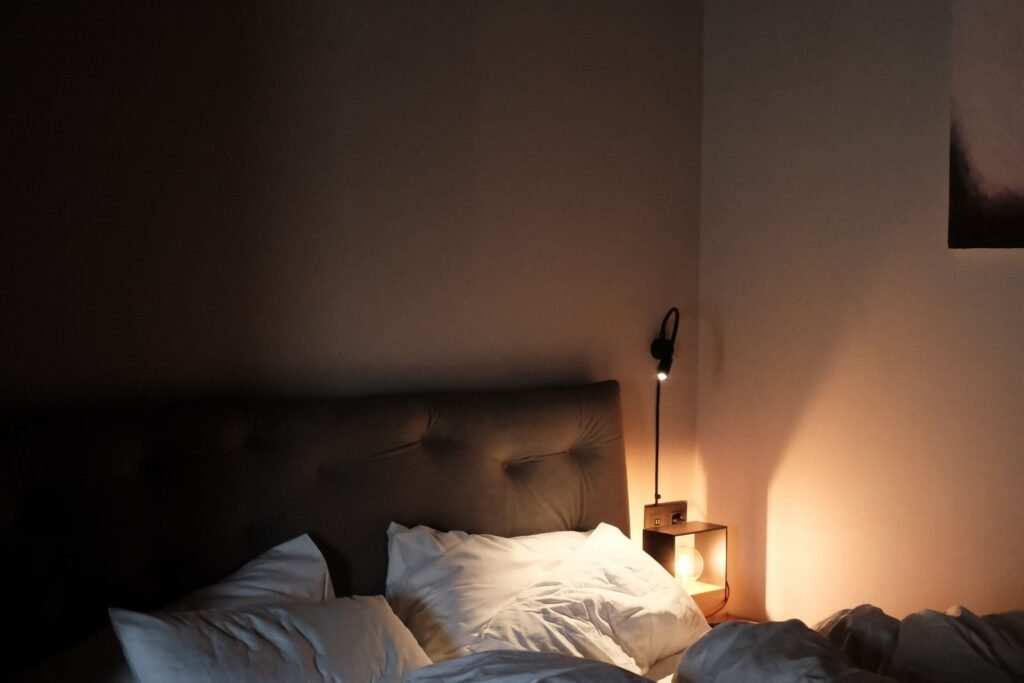 Dimly lit bedroom with a neatly arranged bed