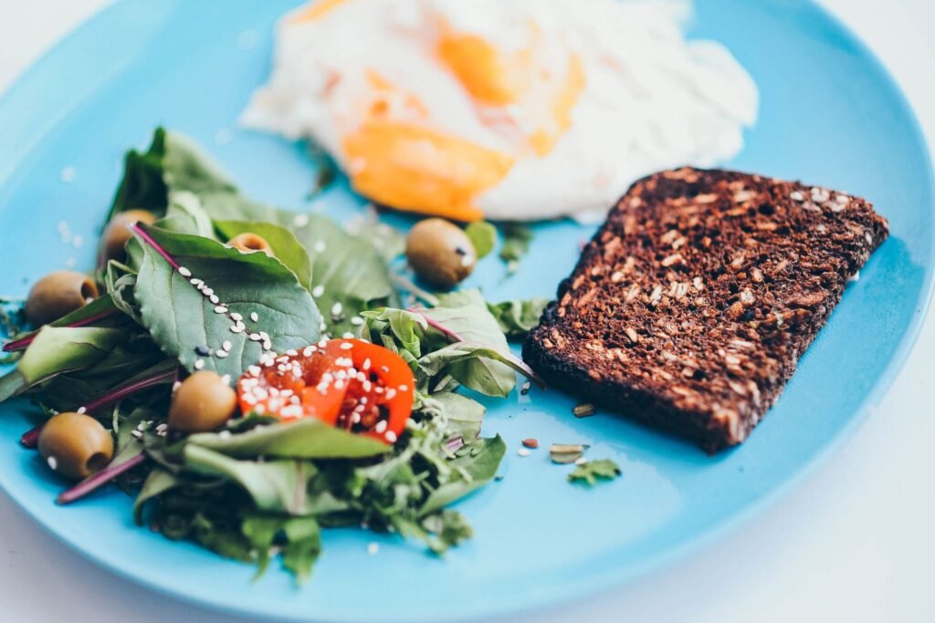 Nutritious plate of eggs and rye bread before training