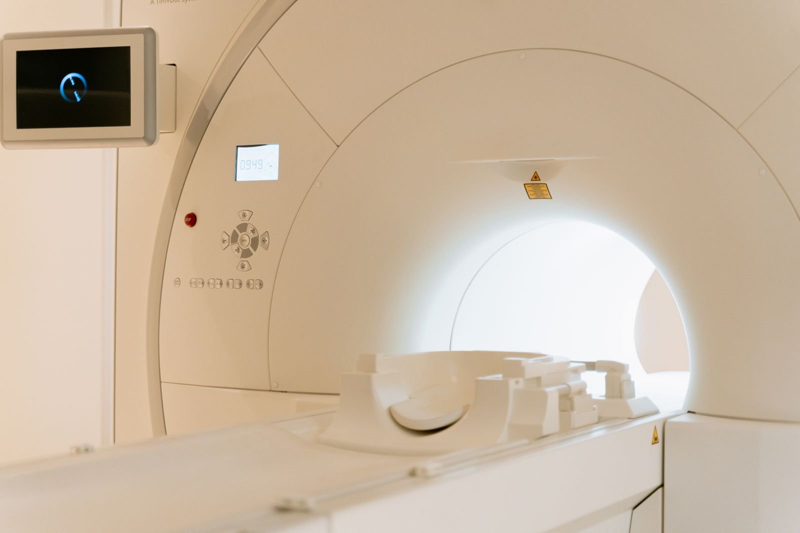Close-up of a CT scanner and patient table