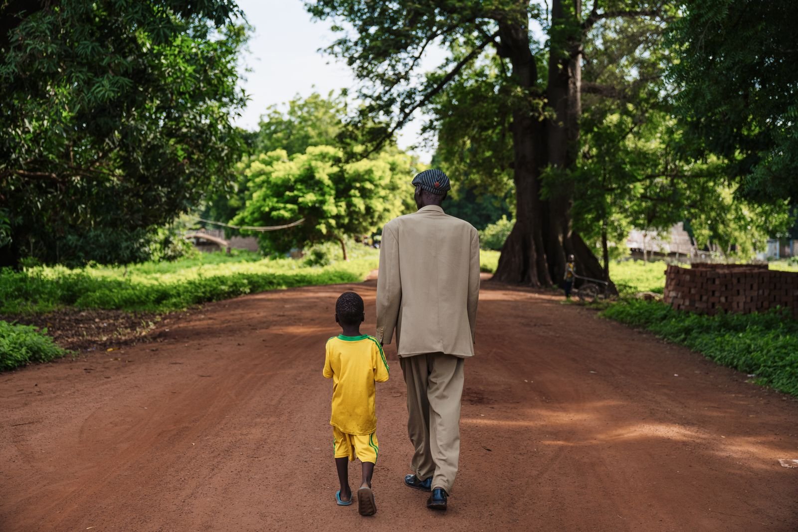 Father and young son walking down a country road, seen from behind