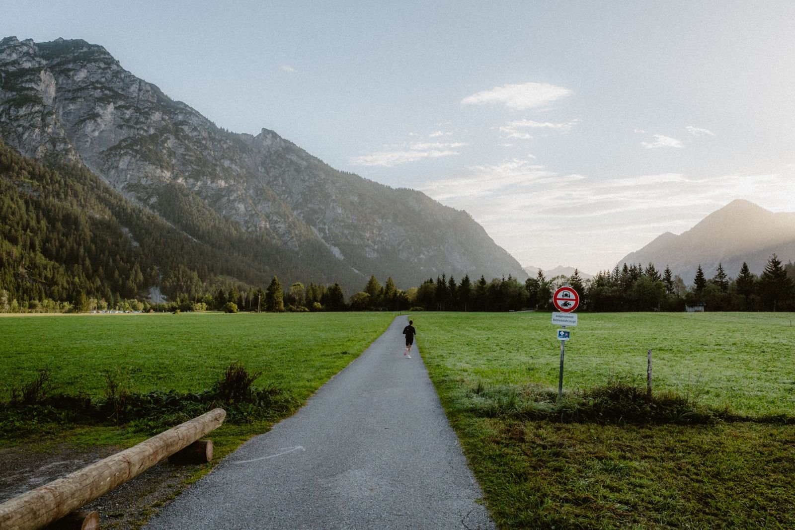 Person walking on a country path below mountains, seen from far behind